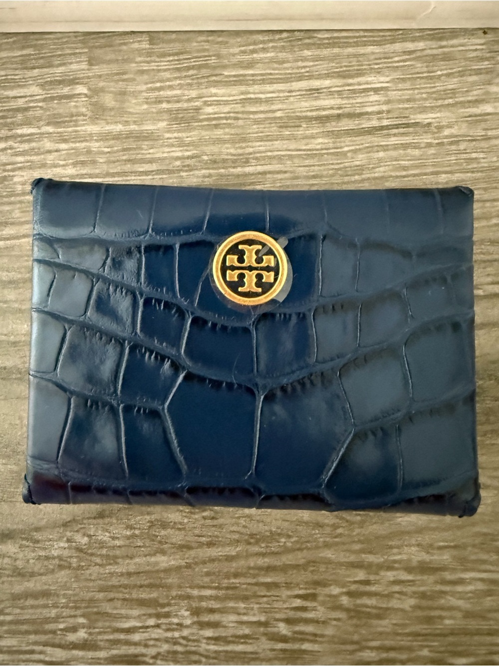 Tory Burch Navy Croc-Embossed Bifold Wallet with Gold Logo Medallion